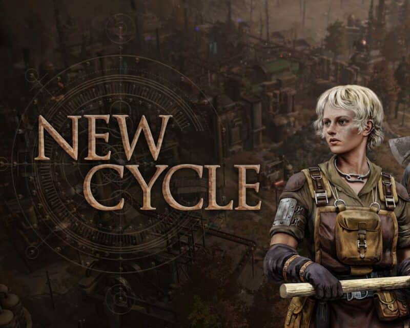 ciemnobrązowe tło, w którym widać zarys miasta w rzucie z góry, na przodzie napis New Cycle i kobieca postać o krótkich blond włosach ubrana w surowy pracowniczy strój