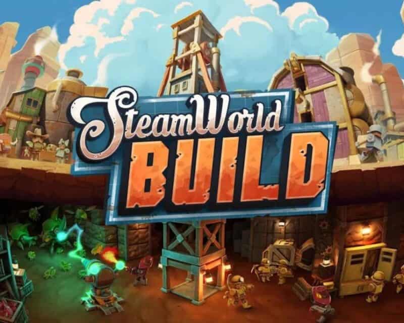 W tle widzimy miasteczko górnicze w krskówkym stylu, na przodzie tytuł gry SteamWorld Build
