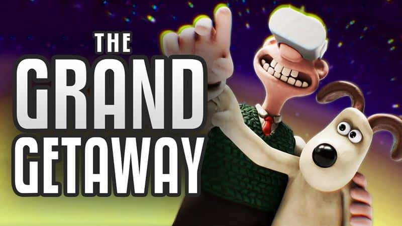 Na obrazku Wallace wskazuje swojemu psu Gromitowi niewidocznymi punkt w przestrzeni. Ma na sobie gogle Meta Quest