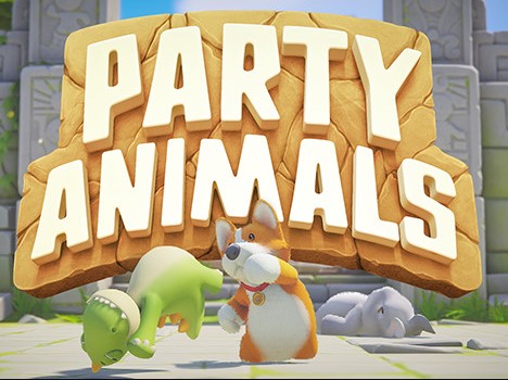 Obrazek przedstawia logo gry Party Animals i zwierzęce postacie w zabawnych pozach.