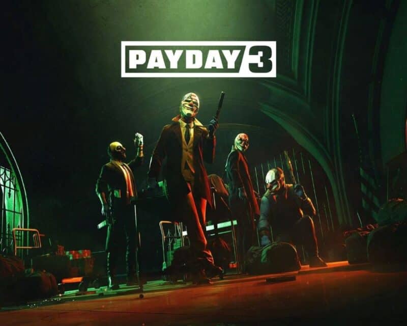 u góry znajduje się napis Payday 3, a pod nim pięciu mężczyzn z bronią oraz maskami klaunów
