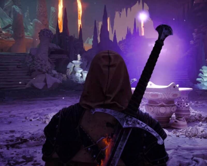 Grafika przedstawia postać z gry Avowed, odwróconą plecami z mieczem na plecach.