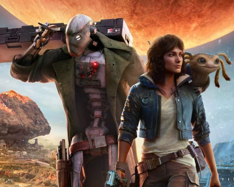 Star Wars Outlaws - prezentacja gry na Star Wars Outlaws Xbox Game Showcas, plakat z bohaterami