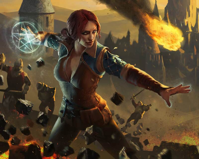 Grafika pochodząca z wiedźmińskiej gry karcianej Gwint. Triss Merigold rzuca zaklęcie, wokół niej widać walczących żołnierzy.