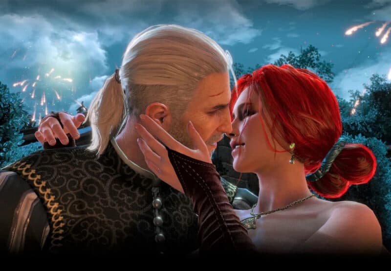 Grafika przedstawiająca Triss Merigold i Geralta. Kobieta ujmuje twarz wiedźmina dłonią. Oboje mają zamknięte oczy i nachylają się ku sobie, aby pocałować się.
