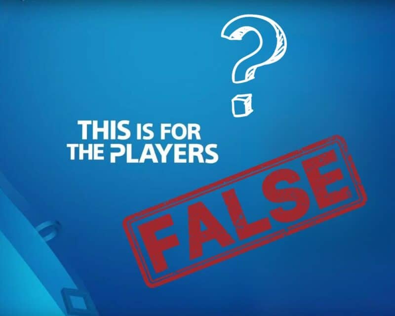 niebieskie tło, po lewej stronie biały napis This is for the Players, po prawej znak zapytania i niżej czerwony napis FALSE