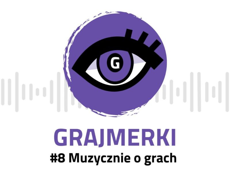 logo grajmerek na białym tle, pod spodem fioletowy napis Grajmerki, pod nim zaś czarny napis #8 Muzycznie o grach
