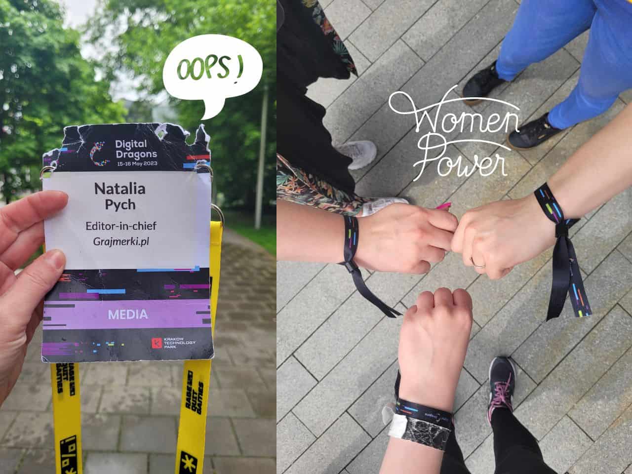 porwany identyfikator z Digital Dragons 2023 po lewej, a po prawej zdjęcie trzech dłoni ściśniętych w pięści z opaskami Digital Dragons