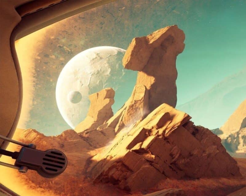 Widok skał na pustyni, w tle widać księżyc