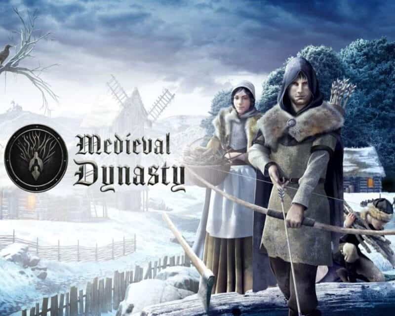 Po lewej stornie znajduję się napis Medieval Dynasty, natomiast po prawej mężczyzna z łukiem, a za nim kobieta z koszykiem