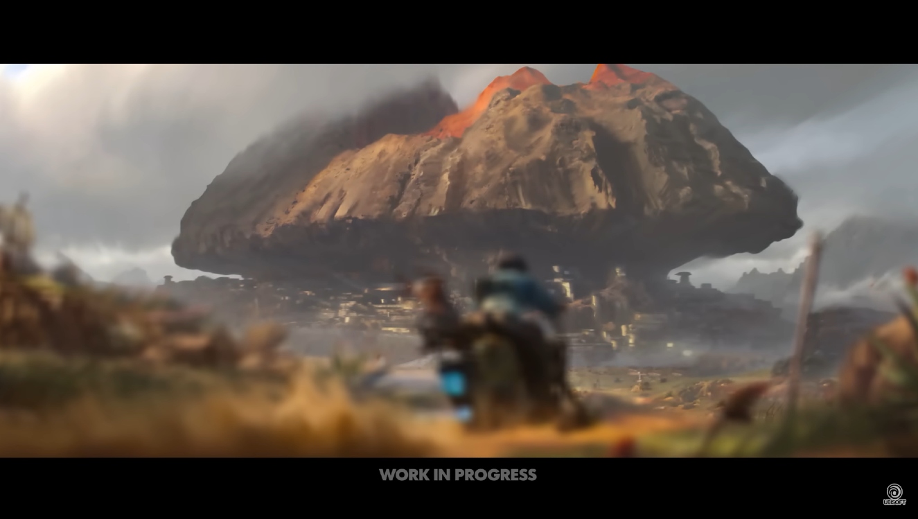 Jedna z lokacji w Star Wars: Outlaws, Mirogana, stolica Toshary. Screen z materiałów promocyjnych, bohaterka patrzy na panoramę miasta wbudowanego w wielką skałę, u dołu napis Work in progress.