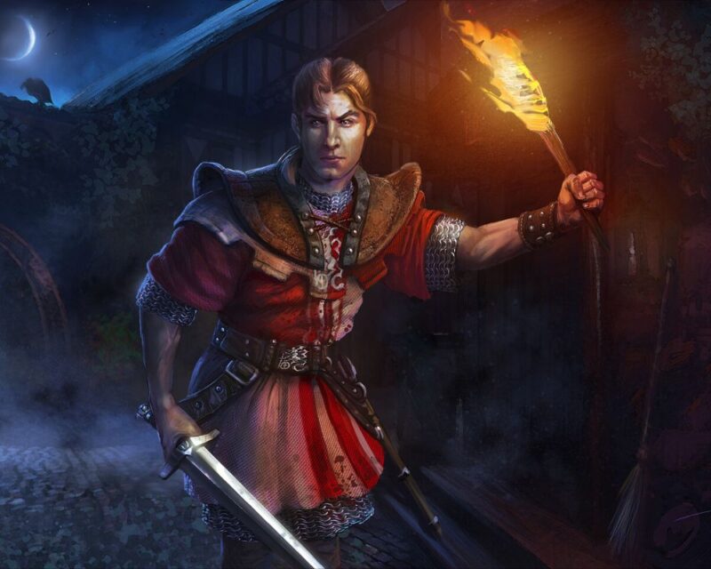 Gothic 2: Dzieje Khorinis koniec, na zdjęciu widać brązowowłosego mężczyznę z mieczem i pochodnią w dłoni, ubranego w zbroję, na zdjęciu panuje noc