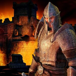 the elder scrolls oblivion czy będzie remake remaster, na zdjęciu po prawej stronie widać mężczyznę ubranego w zbroję, który spogląda w stronę widza, a w tle znajduje się płonący zamek