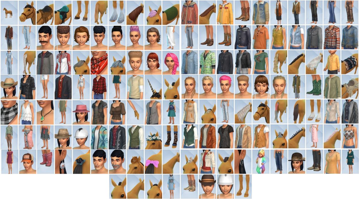 The Sims 4 Ranczo - przegląd fryzur i strojow dla simów i koni