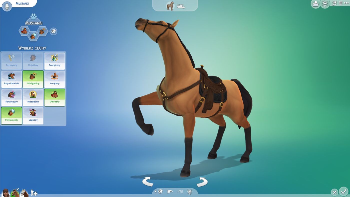 The Sims 4 Ranczo - na ekranie tryb CAS z koniem stylizowanym na Mustanga z bajki, jasnobeżowy koń przebiera nogami z radości, na grzbiecie ma siodło