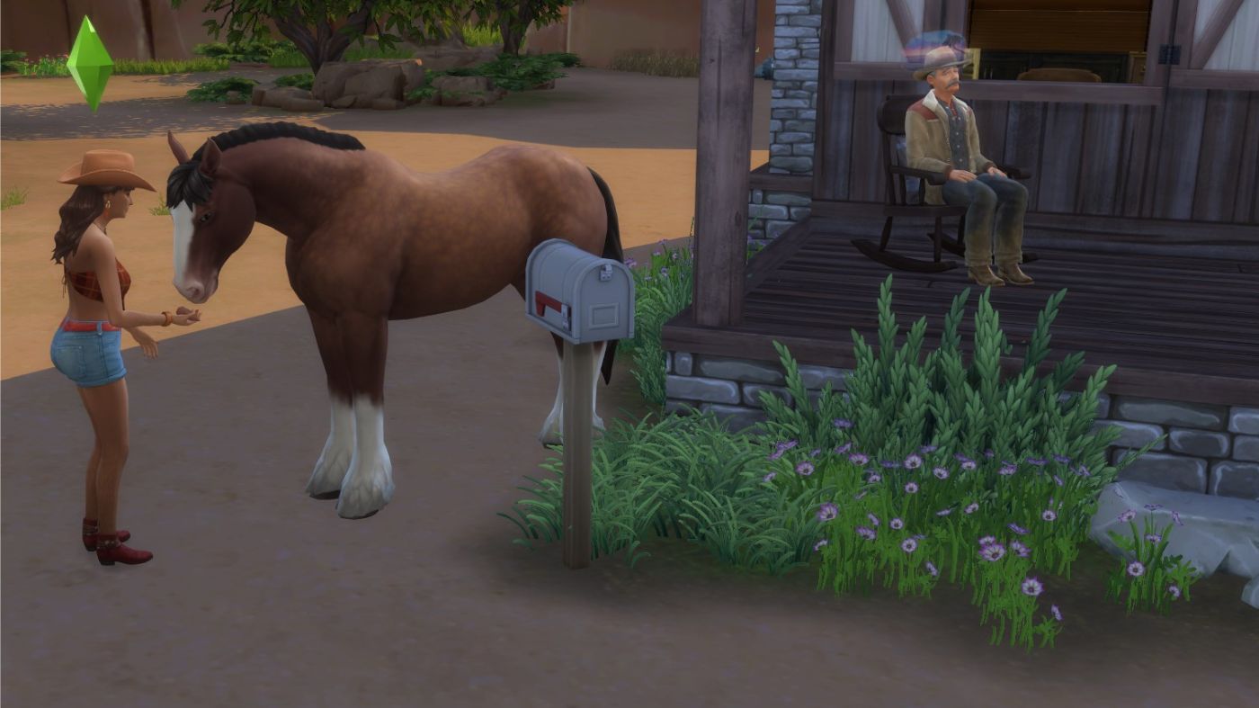 koń stoi obok drewnianego ranczerskiego domku, na ganku siedzi starczy mężczyzna w fotelu bujanym, obok konia stoi kowbojka, która z nim rozmawia