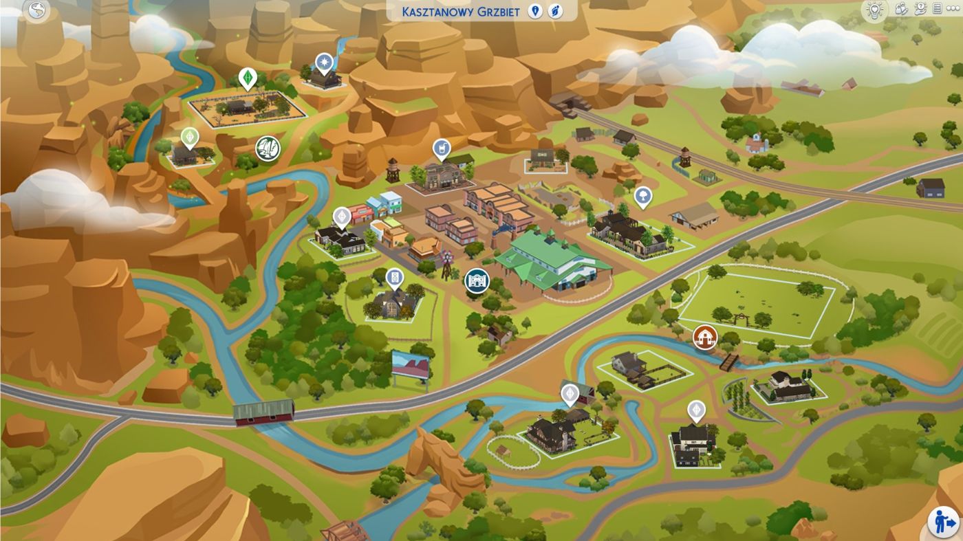 The Sims 4 Ranczo - mapa świata gry, teren ma góry typowe dla okolic Texasu i klimatu Dzikiego Zachodu oraz zielone niziny
