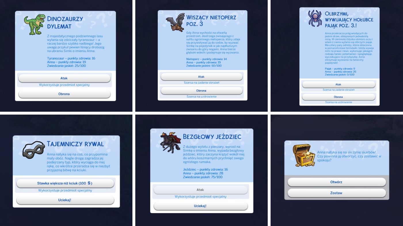 The Sims 4 Ranczo - kilka ekranów z groty strachu, w której atakują nas różne postaci i musimy z nimi walczyć jak w RPG