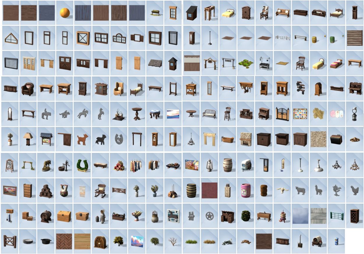 The Sims 4 Ranczo - przekrój mebli, dekoracji, tapet, dywanów i innych elementów wystroju wnętrz