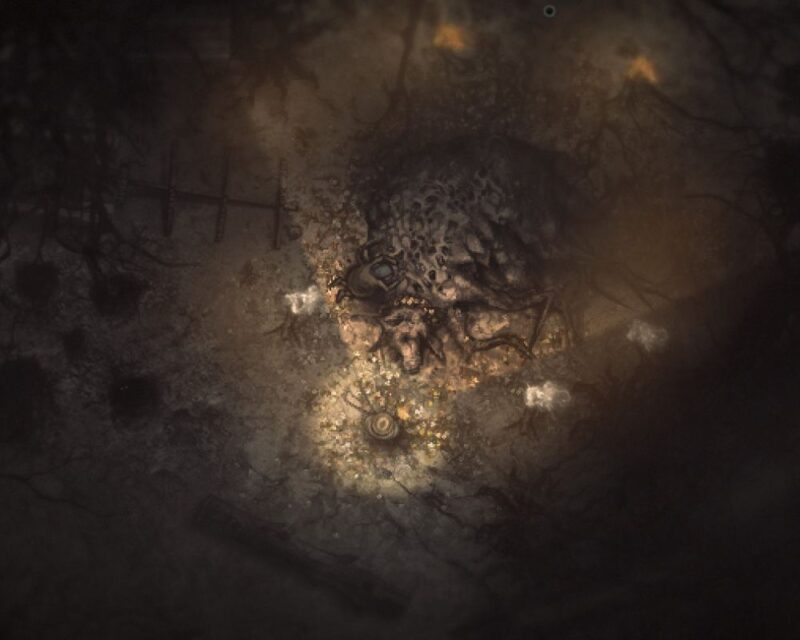 zrzut ekranu z gry Darkwood, na ekranie dość ciemno, widzimy postać stojącą przed szkieletem/truchłem zwierzęcia