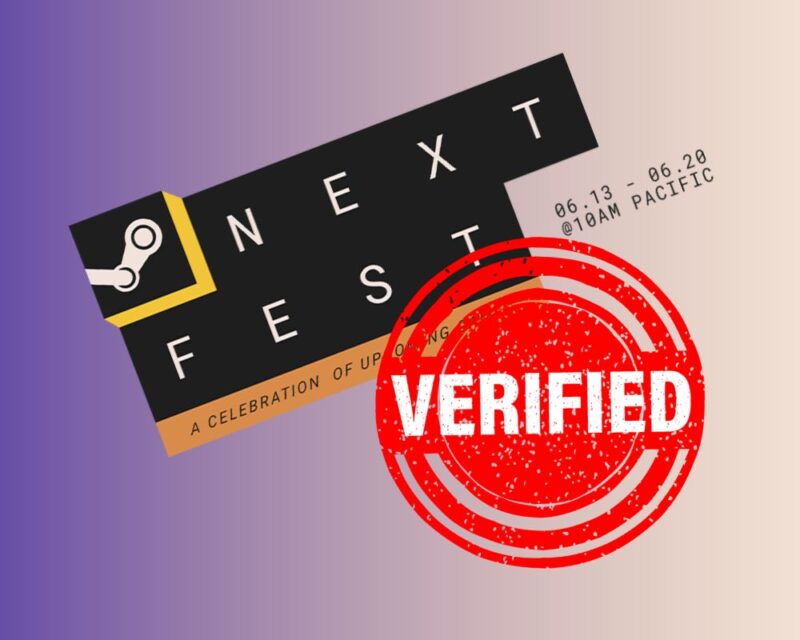 tło z gradientem z fioletu w żółty, na nim banner z napisem Steam Next Fest (logo wydarzenia), a obok czerwona pieczątka z napisem VERIFIED