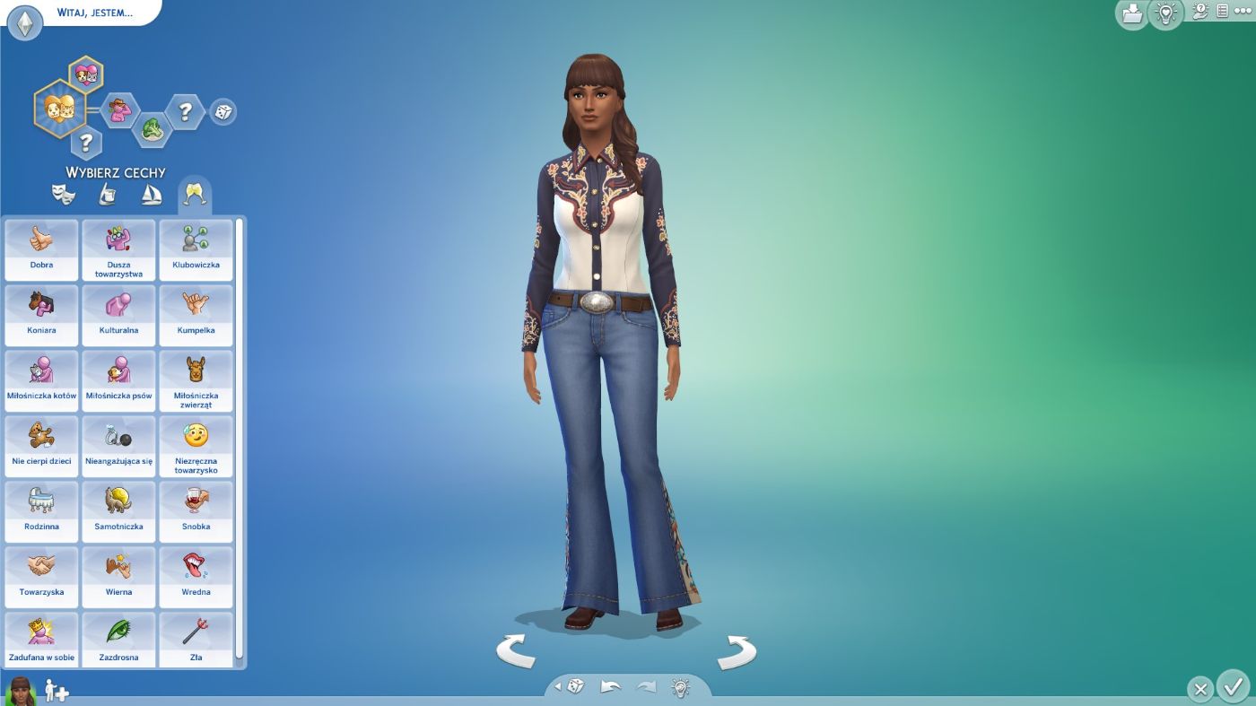 The Sims 4 Ranczo - postać kobieca stoi na niebieskozielonym tle w trybie CAS Create a Sim, ubrana jest w kowbojski strój