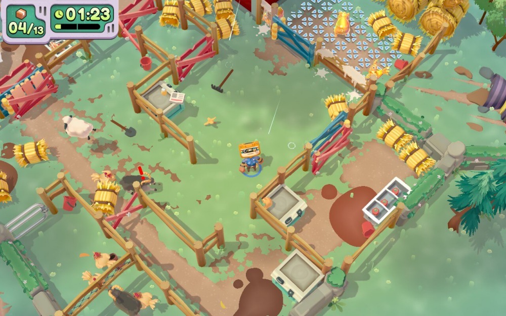 Screen z gry Moving Out 2. Obrazek przedstawia bohatera gry na środku farmy – wokół widać chaos, rozbiegane zwierzęta i bałagan.