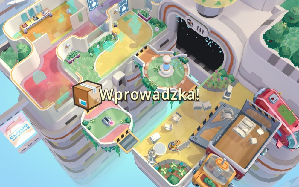 Screen z gry Moving Out 2. Obrazek przedstawia futurystyczny apartament z ruchomymi platformami. Na środku wyświetla się napis "wprowadzka" oraz papierowy karton.