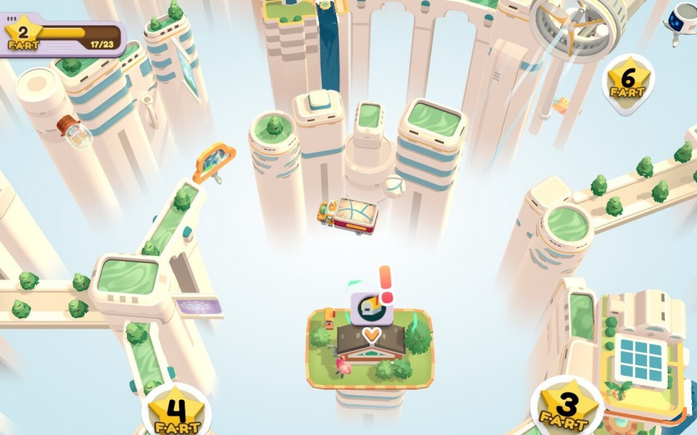 Screen z gry Moving Out 2. Obrazek przedstawia futurystyczną krainę z latającym samochodem i budynkami przyszłości.