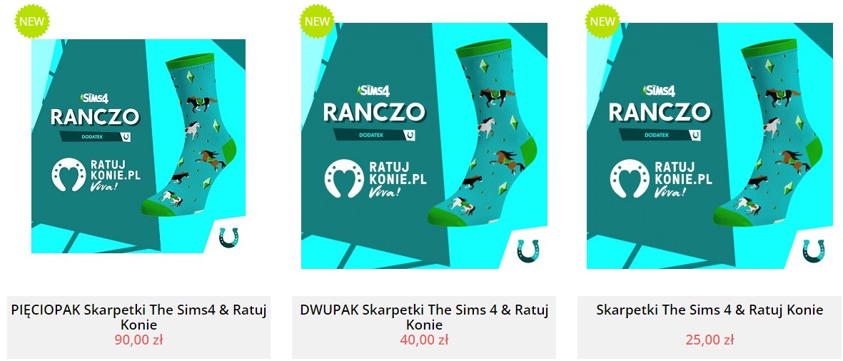 skarpetki z koniami po prawej stronie, po lewej na ciemnoniebieskim tle napis The Sims Ranczo: i pod nim Fundacja Viva Ratuj Konie