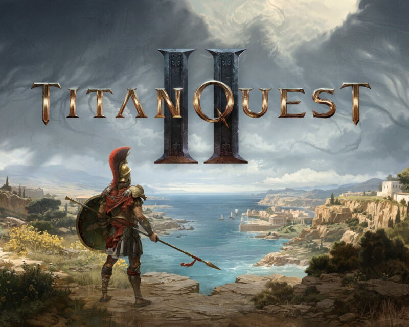 Grafika promocyjna gry Titan Quest 2. Starożytny wojownik wpatruje się w rozciągający przed nim grecki krajobraz.