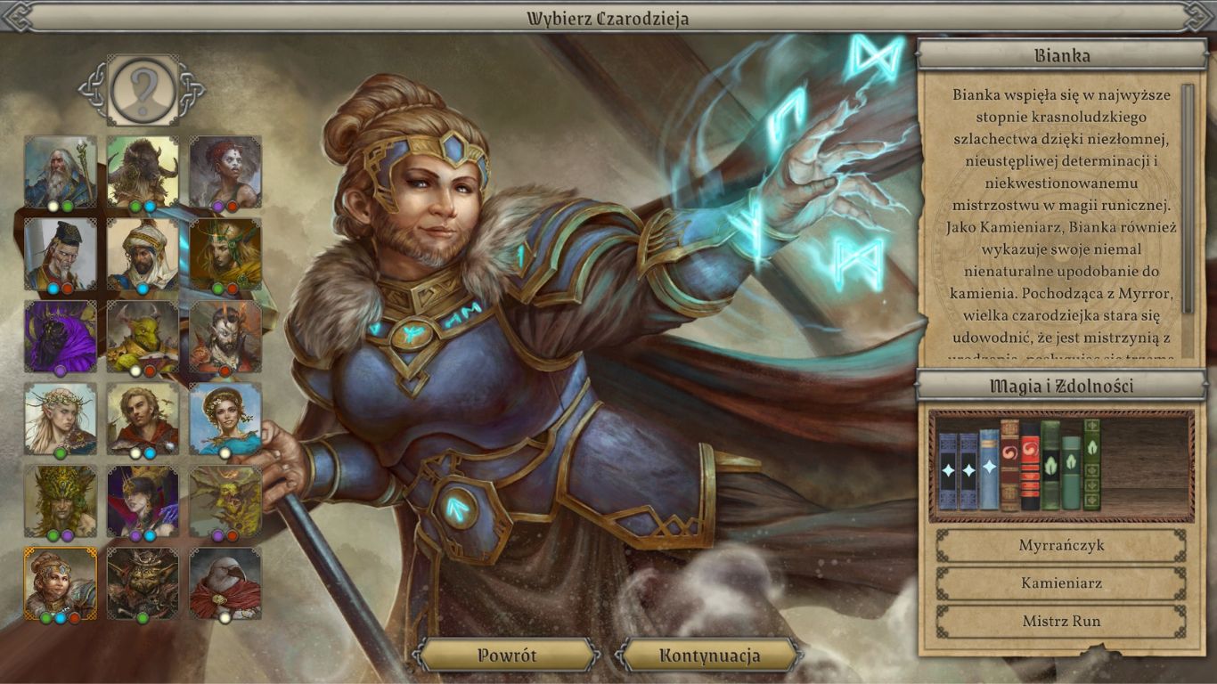ekran wyboru czarodzieja, po lewej widzimy dostępnych magów oraz opcję stworzenia własnego czarodzieja, po prawej imię wybranego maga i krótki opis, a także zdolności i cechy, które posiada, na środku znajduje się powiększony portret, a u dołu dwa przyciski: powrót i kontynuacja