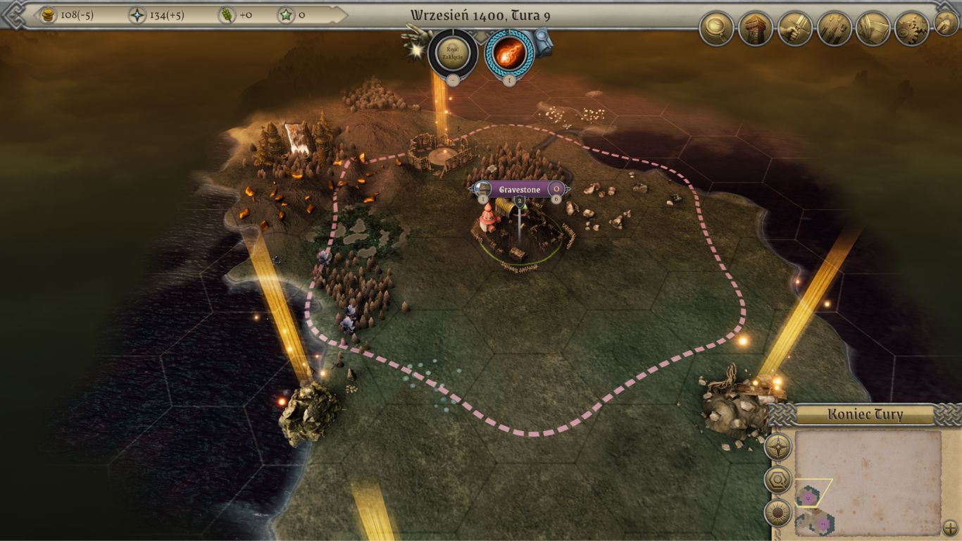 świat gry w Myrrorze, na środku widać miasto i jego granice, dookoła woda i mgła wojny, odkryte tereny i ruiny do przeszukania