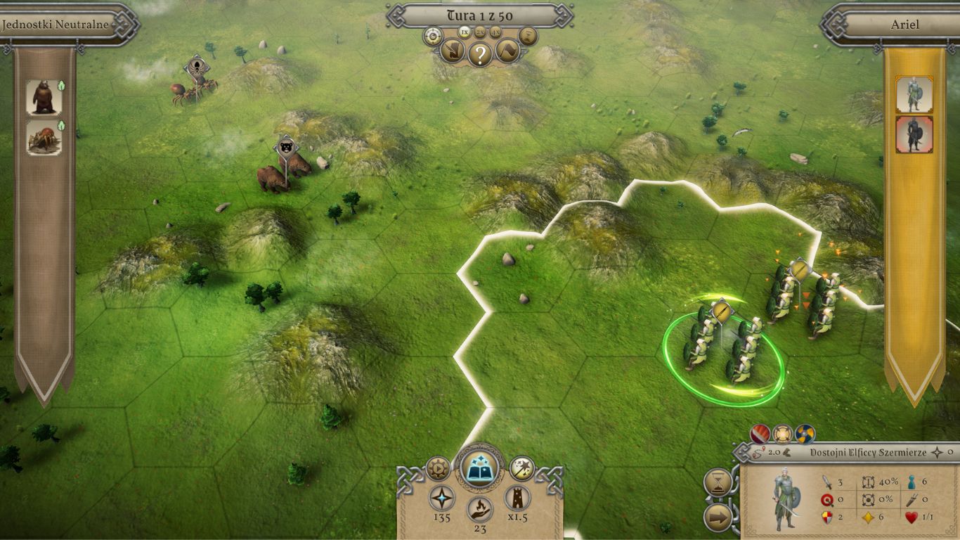 pole walki, po lewej znajduje się baner z jednostkami przeciwnika, po prawej baner z naszymi, na środku widać heksagonalne pole walki, u góry na środku panel tur, pomocy i kapitulacji, u dołu na środku informacje dotyczące czarowania, w prawym dolnym rogu natomiast szczegóły dotyczące aktualnie wybranej jednostki