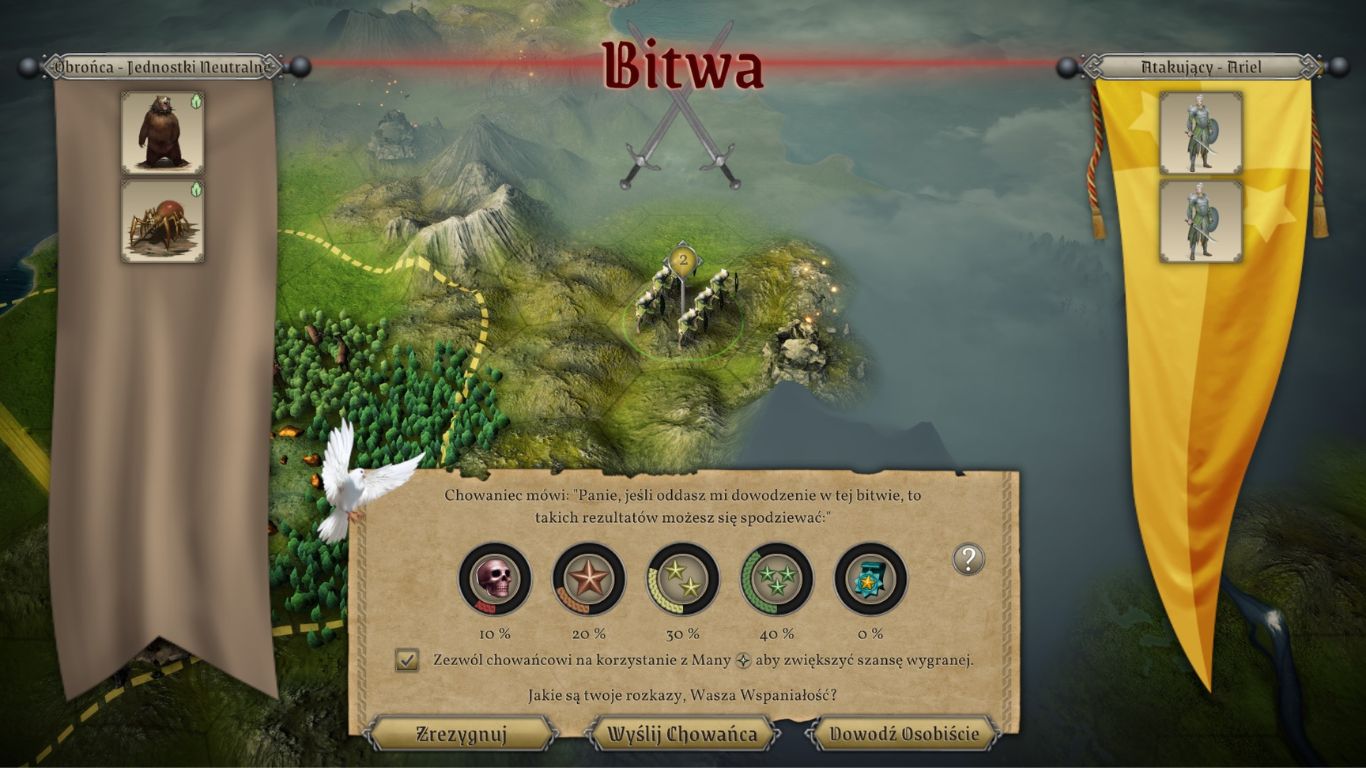 obrazek przedstawia ekran pozwalający nam potwierdzić, że rzeczywiście chcemy rozegrać bitwę, po lewej stronie baner z jednostkami przeciwnika, po prawej z naszymi, na środku u góry czerwony napis bitwa, u dołu natomiast sugestie chowańca, jeżeli to on poprowadzi za nas automatycznie bitwę. Jeszcze niżej mamy trzy przyciski: zrezygnuj, wyślij chowańca oraz dowodź osobiście