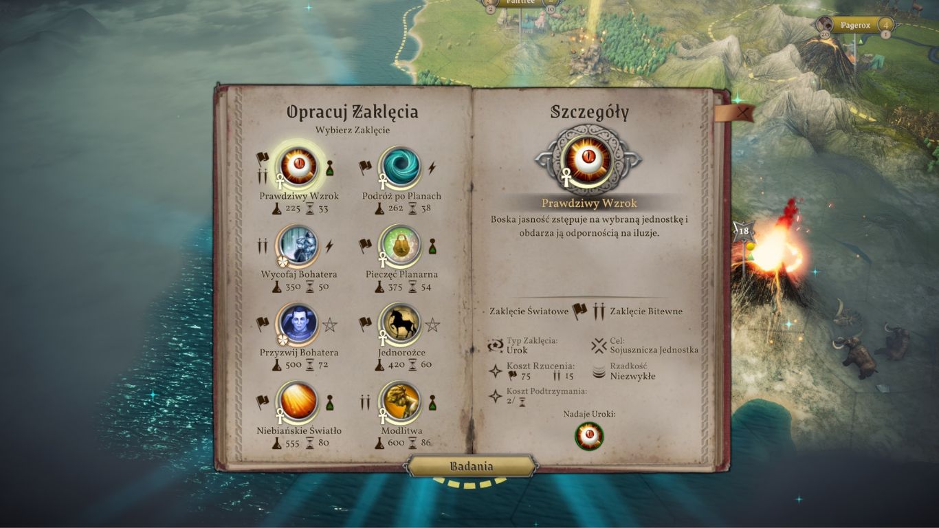 obrazek przedstawia księgę zaklęć na tle świata gry. Po lewej widzimy osiem zaklęć do opracowania, po prawej zaś szczegóły dotyczącego wybranego przez nas czaru