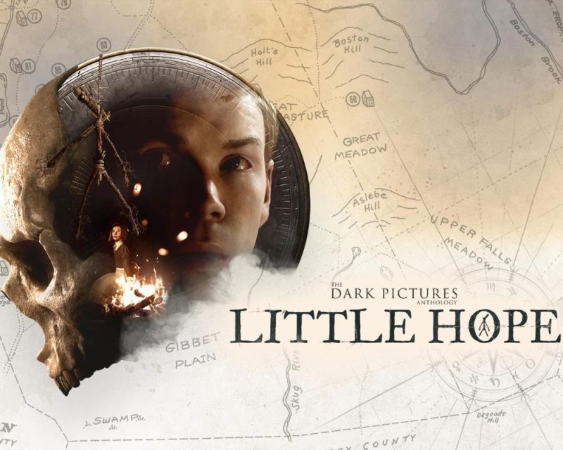 The Dark Pictures Anthology: Little Hope kiedy na Nintendo Switch, na obrazku po prawej stronie znajduje się tytuł gry, z kolei po lewej stronie jest czaszka, na której widać twarz mężczyzny, ognisko oraz chłopca w kapeluszu, który spogląda na wiszącą na sznurku patyczkowatą postać, w tle znajduje się mapa w kolorystyce bladego beżu