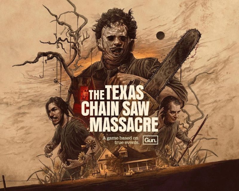 The Texas Chain Saw Massacre ponad milion graczy sukces, w centrum zdjęcia znajduje się tytuł gry, z kolei za nim widać trzy postacie, największa z nich to ciemnowłosy mężczyzna z maską na twarzy oraz piłą mechaniczną, po jego dwóch stronach znajdują się kolejne postacie, jedna z nich wykonuje gest ręką, jakby nasłuchiwała dźwięków, w drugiej ręce trzymając kij, z kolei druga postać to mężczyzna z ciemnymi włosami, który trzyma w dłoni bransoletkę, przed postaciami znajduje się wiejski dom z wiatrakiem oraz samochodem, kolorystyka obrazka utrzymuje się w tonacjach brązu i koloru beżowego