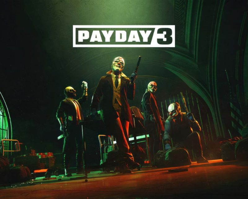 payday 3 pierwsze recenzje, na zdjęciu widać cztery postacie, które stoją wokół stolika i noszą maski klaunów, po lewej stronie widać torby oraz kraty od okna, nad postaciami widnieje biały napis tytułu gry, na obrazku dominują kolory ciemnej zieleni i neonowego pomarańczu