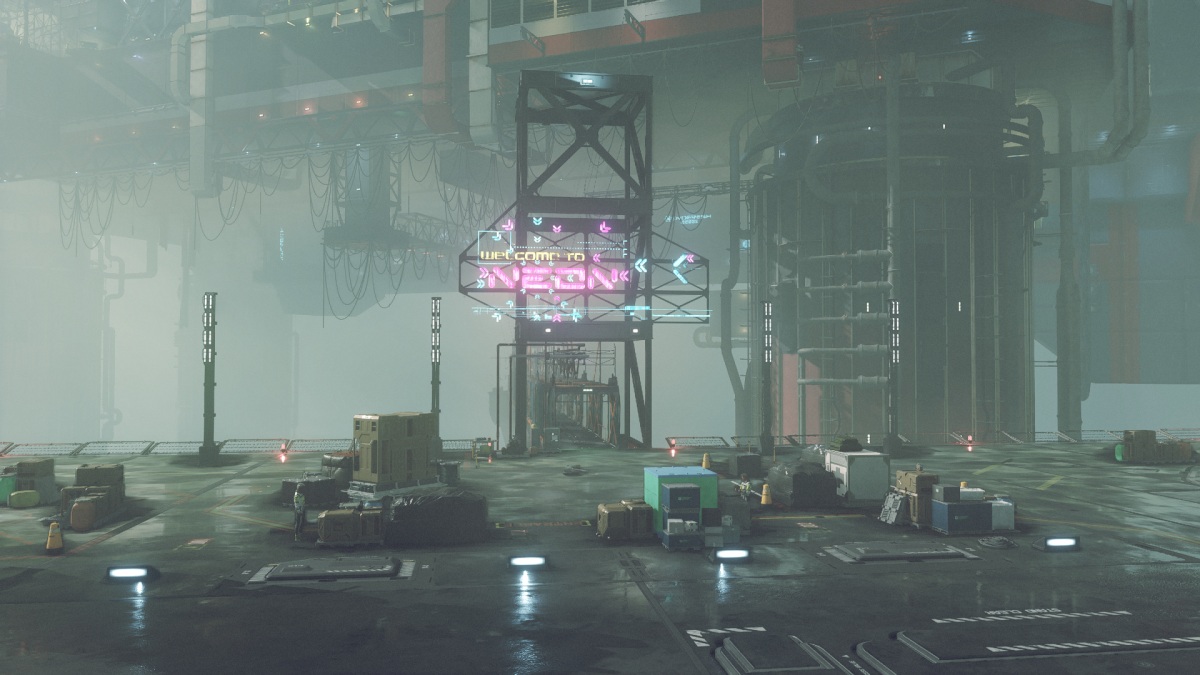Neon City w Starfieldzie, industrialna planeta, duży neonowy napis
