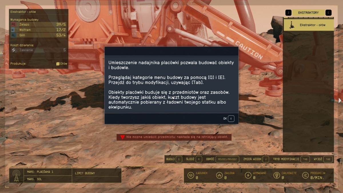 Budowa placówki w Starfieldzie, duży komunikat na pół ekranu
