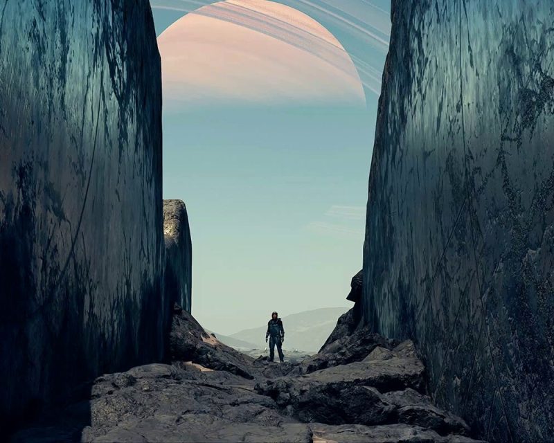 Starfield, recenzja, screen z gry, mała postać na tle wszechświata