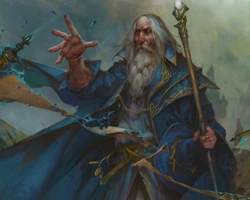 grafika przedstawia starszego mężczyznę o siwych włosach i długiej brodzie, ubrany jest w niebieskie szaty, w lewej dłoni trzyma kostur, prawą zaś wyciąga przed siebie