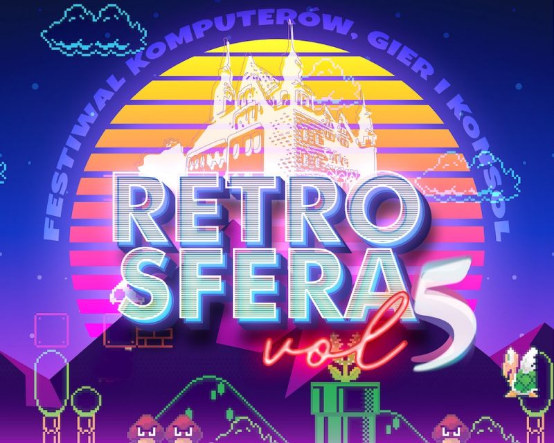 Obrazek z napisem RETROSFERA FESTIWAL KOMPUTERÓW, GIER I KONSOL, na jaskrawym tle przypominającym zachód słońca. Na dole widnieją postaci z Mario co ma ukazywać retro charakter festiwalu.