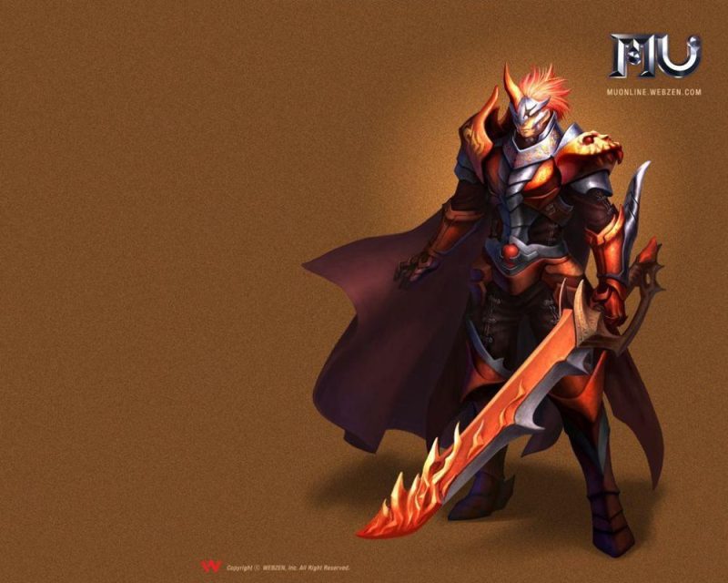 Na obrazku znajduje się logo gry MU Online w towarzystwie grafiki bohatera w czerwonej zbroi