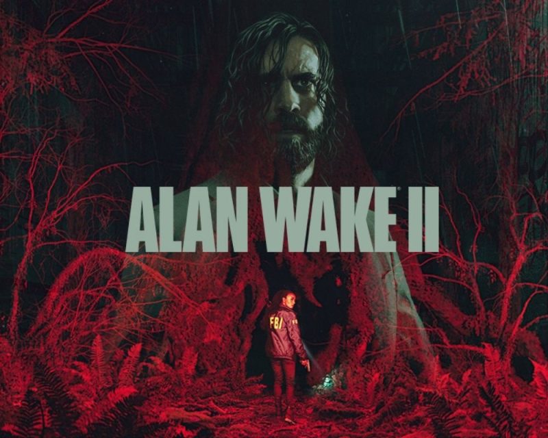 Na górze mężczyzna z długimi włosami, na dole kobieta w kurtce FBI, dookoła czerwone pnącza, a na środku napis, Alan Wake 2