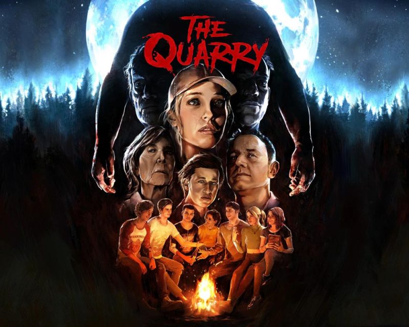 Okładka gry The Quarry. Postacie przedstawione na tle lasu. Ma to miejsce podczas nocy. Nad lasem znajduje się duży księżyc w pełni.