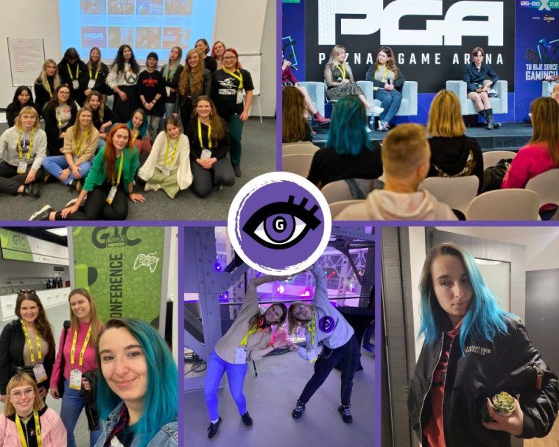 grafika przedstawia kolaż pięciu zdjęć z imprezy PGA 2023, w lewym górnym rogu grupowe zdjęcie kobiet, w prawym górnym zdjęcie czterech kobiet siedzących na fotelach, w tle napis PGA, w lewym dolnym cztery dziewczyny na tle baneru GIC, na środku na dole dwie dziewczyny robiące kółko, w prawym dolnym niebieskowłosa dziewczyna w kurtce Starfield trzymająca trzy sukulenty, na środku logo Grajmerek – fioletowe oko z rzęsami na fioletowym tle