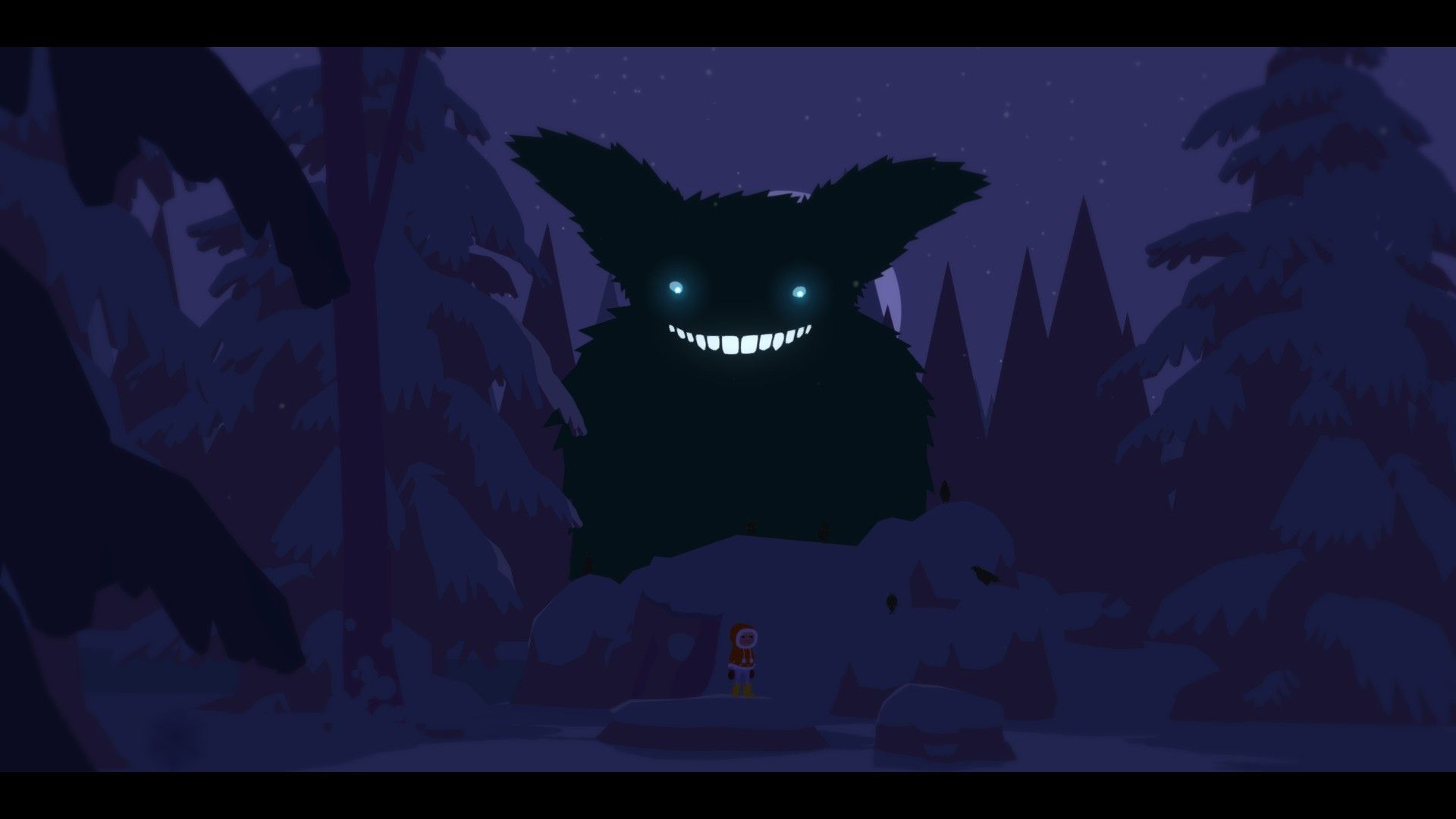 tytulowi Roki, grafika ciemna, środek nocy, na tle ciemnego nieba widać równie ciemnego tajemniczego stwora z jasnymi ślepiami i uśmiechem