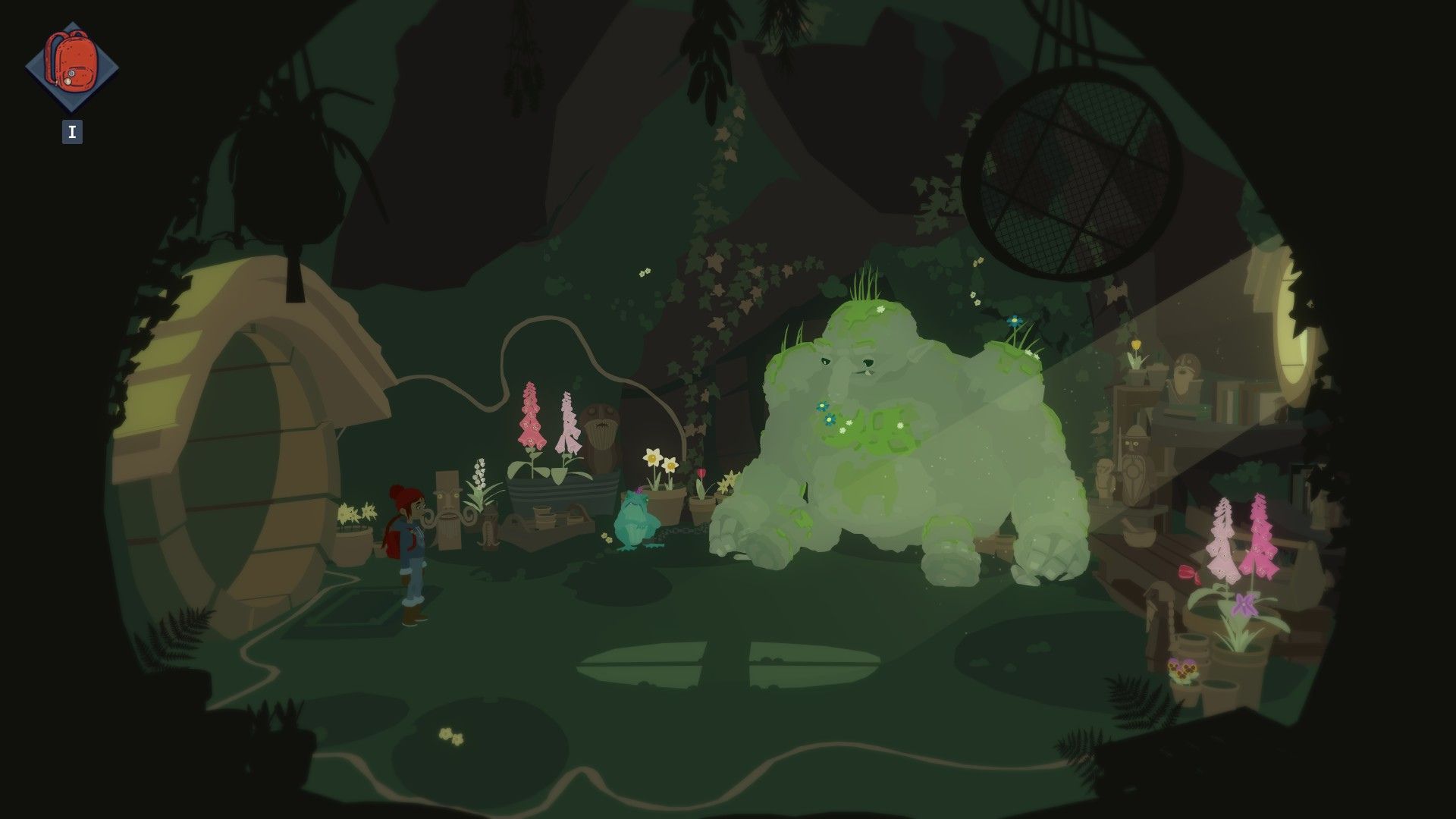 Roki recenzja, na grafice widzimy wnętrze jaskini trollicy, wszystko skąpane w odcieniach zieleni, po prawej stronie w głębi siedzi trollica